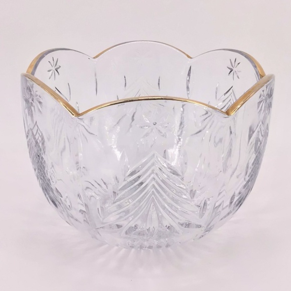 Mikasa Christmas Tree & Star Holiday Crystal Bowl Scalloped Gilt Edges Hexagon